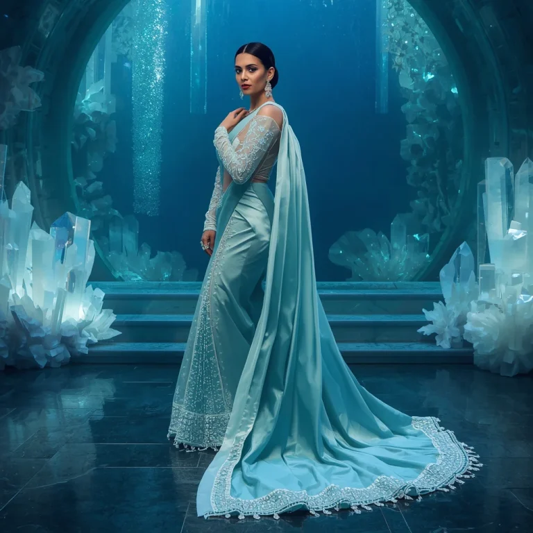Aqua Ice Pearl Saree – Heavy Ocean Glam Saree with Side Pose and Underwater Crystal Palace Background | viral prompt — AI image prompt