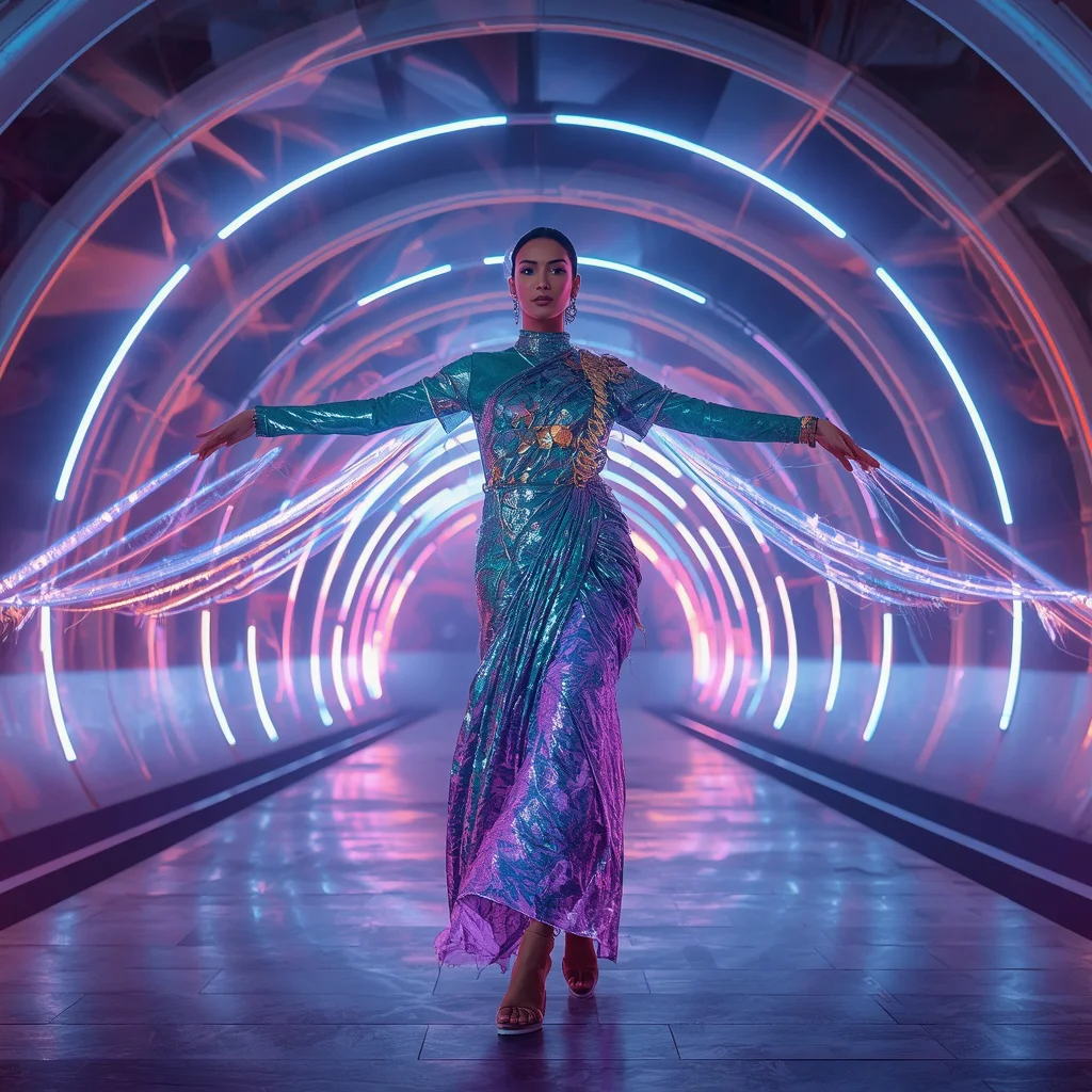 Aurora Spine Alloy Saree with Living Light Energy Corridor Nexus Dome | trending saree prompt — AI image prompt