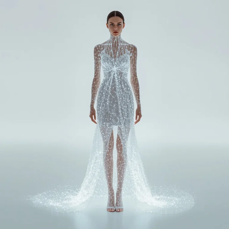 Bioluminescent Neural-Network Gown Woven from Glowing Fiber-Optic Silk | new ai prompt aesthetic — AI image prompt