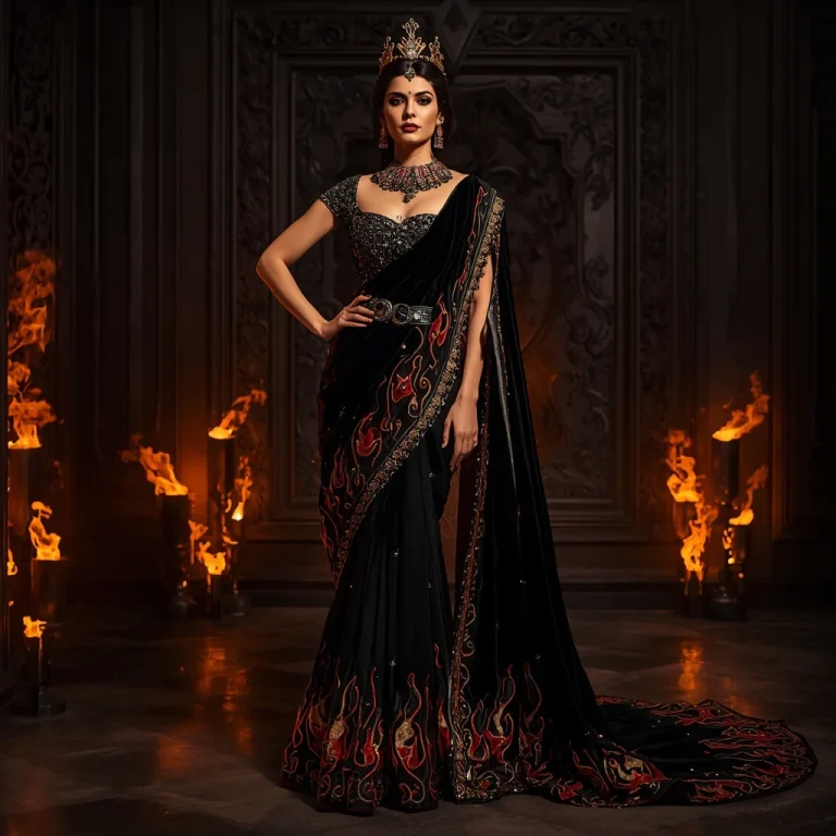 Black Royal Flame Saree – Heavy Luxury Saree with Standing Pose and Dark Fire Palace Background | trending saree prompt for girl instagram — AI image prompt