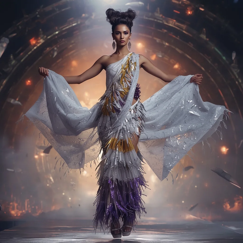Crystal Meteor Alloy Saree with Cosmic Fragment Burst Infinity Dome Field | saree woman ai prompt — AI image prompt