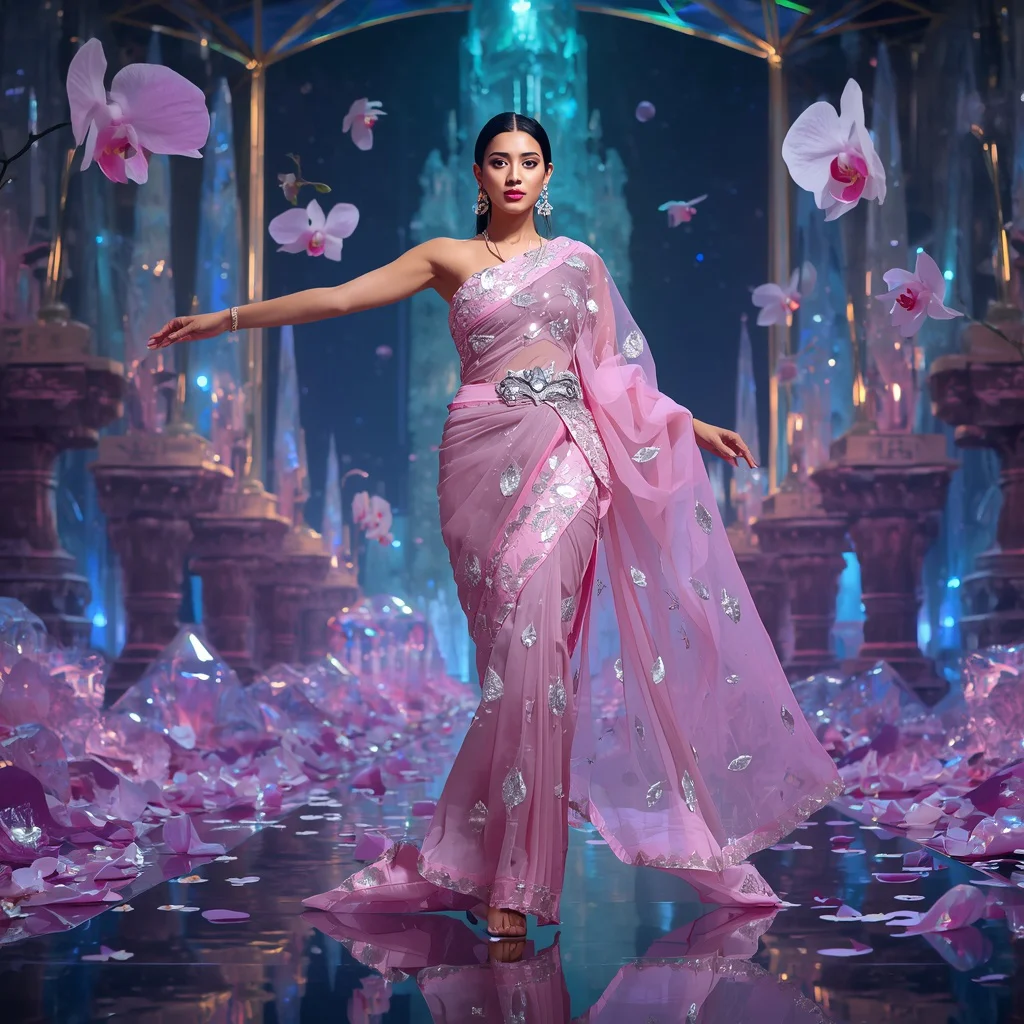 Crystal Moon Orchid Saree with Floating Diamond Petals and Aurora Fortress Sanctuary | instagram trending saree prompt for girl — AI image prompt