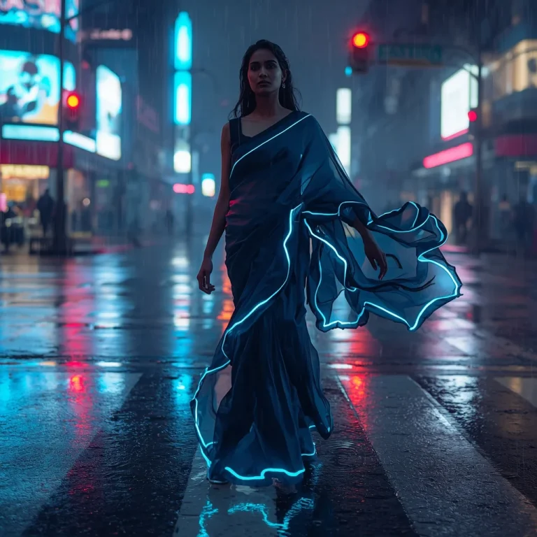 Cyber Rain Saree Neon Street Motion Fashion Prompt Cinematic | new ai prompt text — AI image prompt