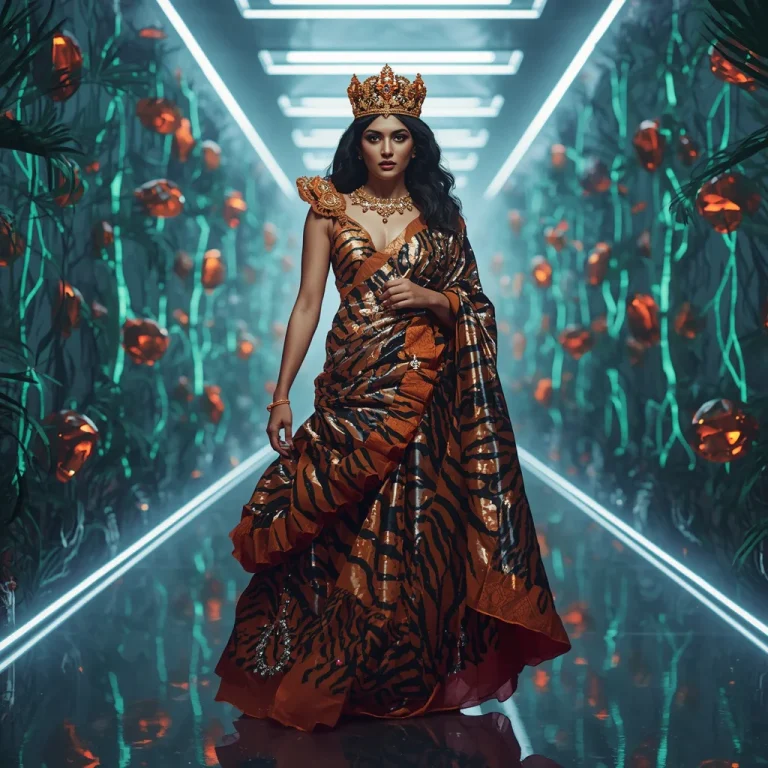Electric Tiger Crown Saree with Neon Jungle Jewels | chat gpt prompt for saree look — AI image prompt