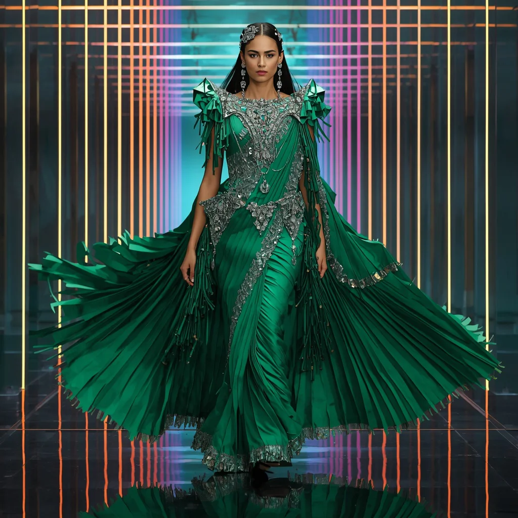 Emerald Nova Fantasy Saree with Floating Prism Reflection Corridor | new instagram trend prompt for girl saree look copy and paste — AI image prompt