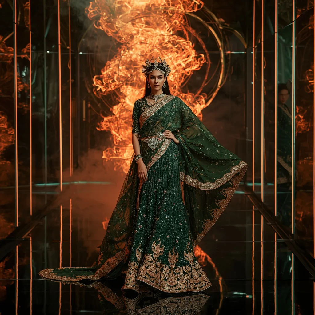 Emerald Phoenix Crown Saree with Floating Fire Spiral | saree pose ai prompt — AI image prompt