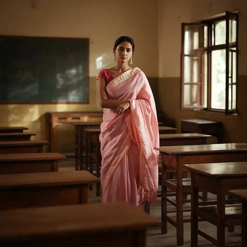 Festive Pastel Saree Real Classroom Heritage Interior Cultural Academic Fashion Editorial Scene | prompt for traditional look for girl