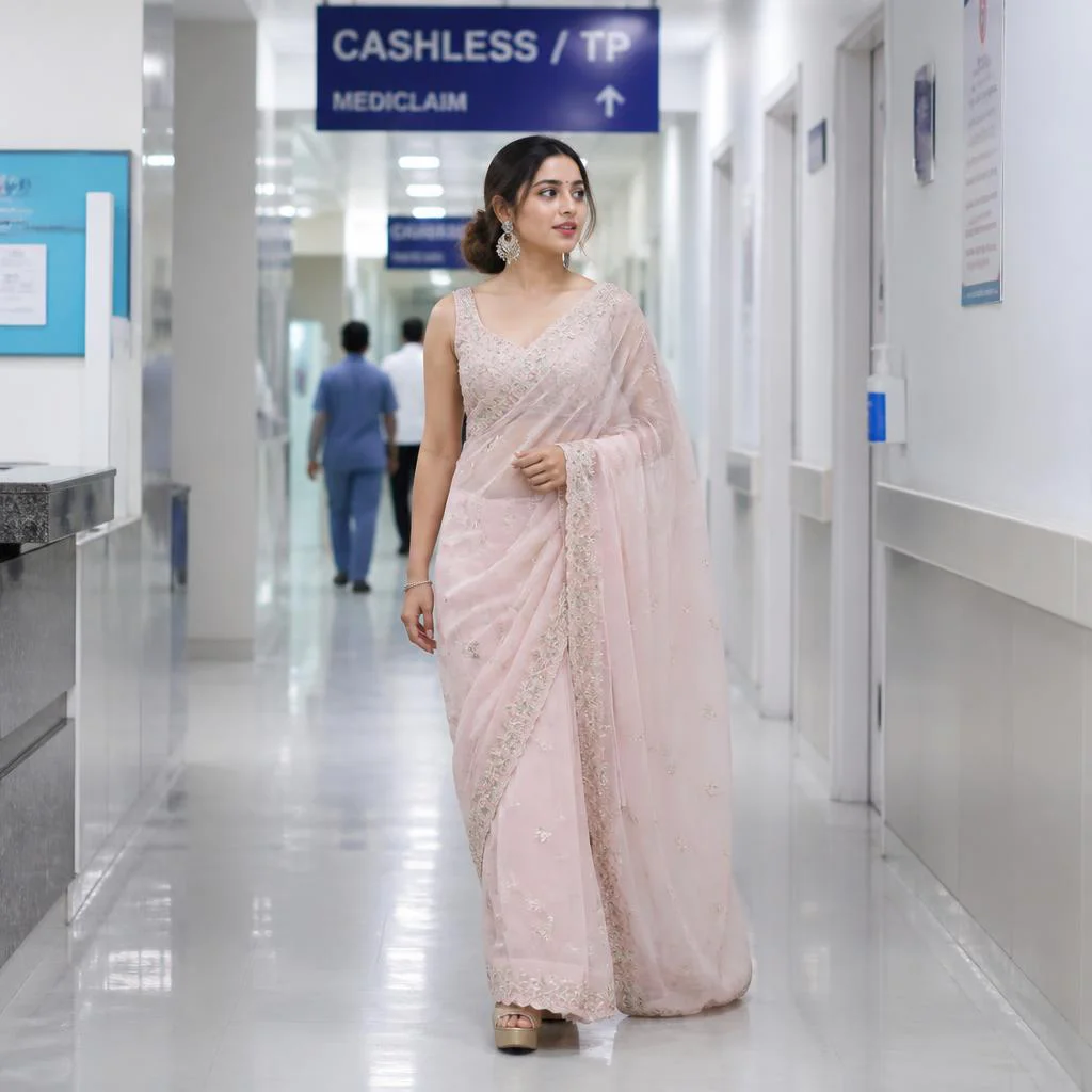 Festive Pastel Saree Real Hospital Corridor Clean Minimal Documentary Fashion Editorial Scene | prompt seen trending girl instagram in saree — AI image prompt