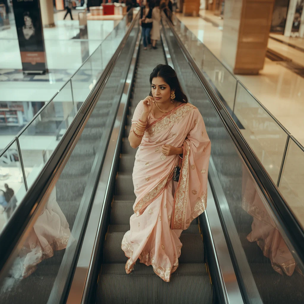 Festive Pastel Saree Real Shopping Mall Escalator Lifestyle Fashion Editorial Natural Capture Scene | trending prompt copy paste instagram — AI image prompt