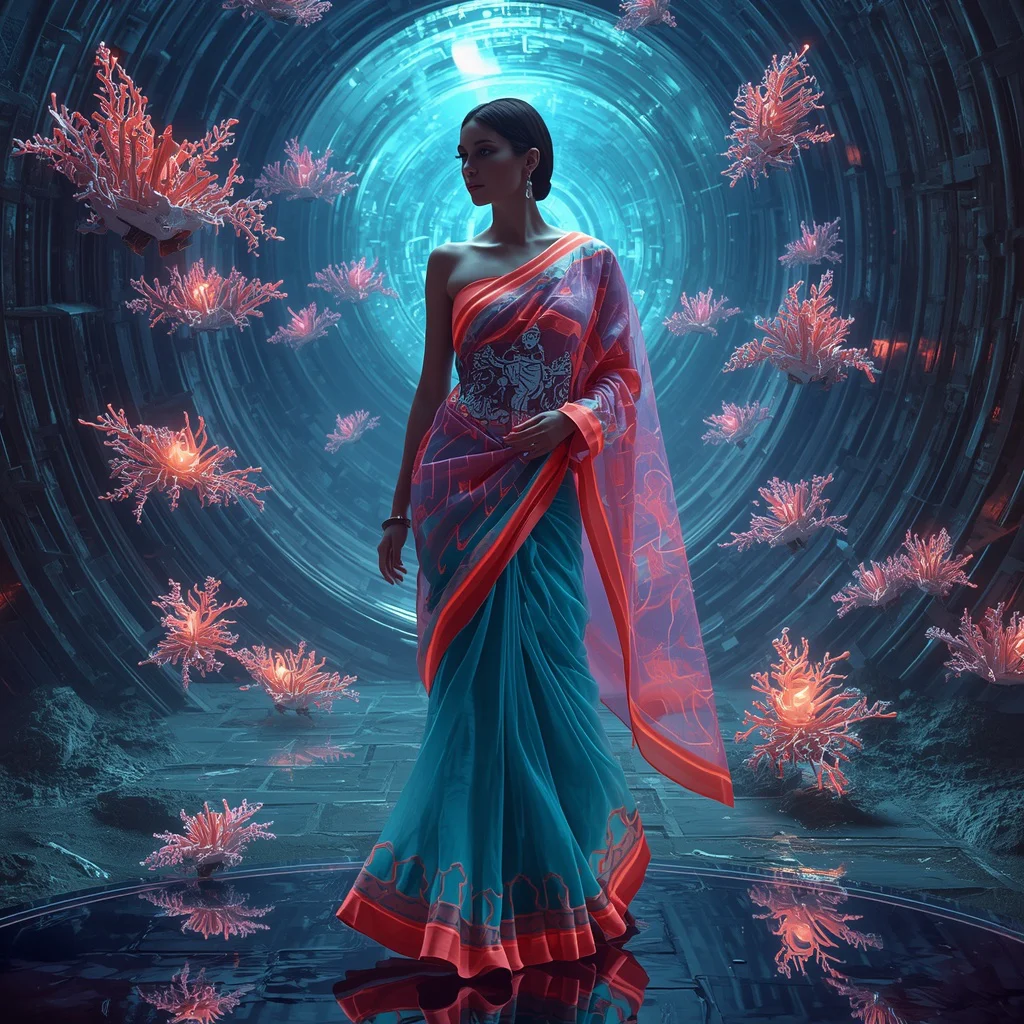 Floating Magnetic Plasma Coral Nebula Saree with Ocean Galaxy Collapse Field | prompt for girls college instagram — AI image prompt