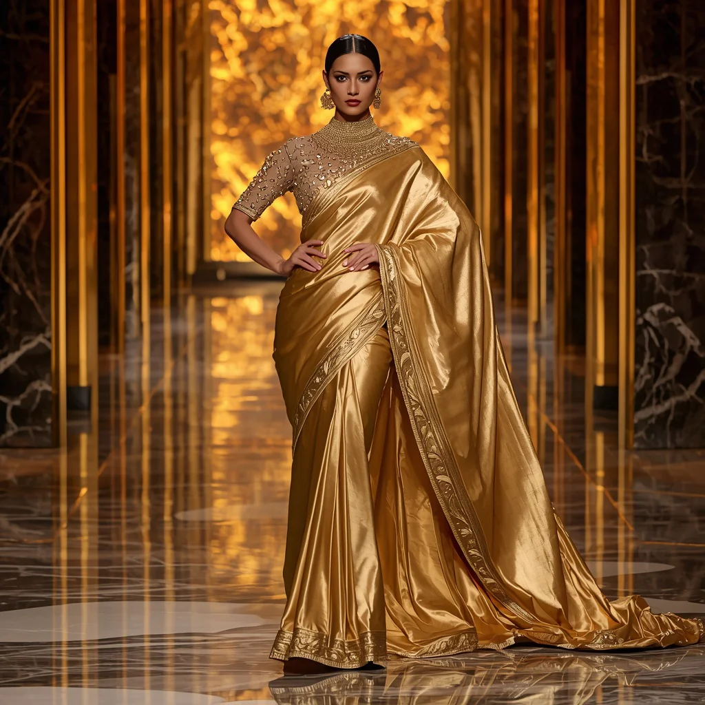 Golden Fire Crystal Saree – Heavy Metallic Couture Saree with Catwalk Pose and Golden Flame Corridor Background | new instagram trend prompt for girl saree look copy and paste in english — AI image prompt