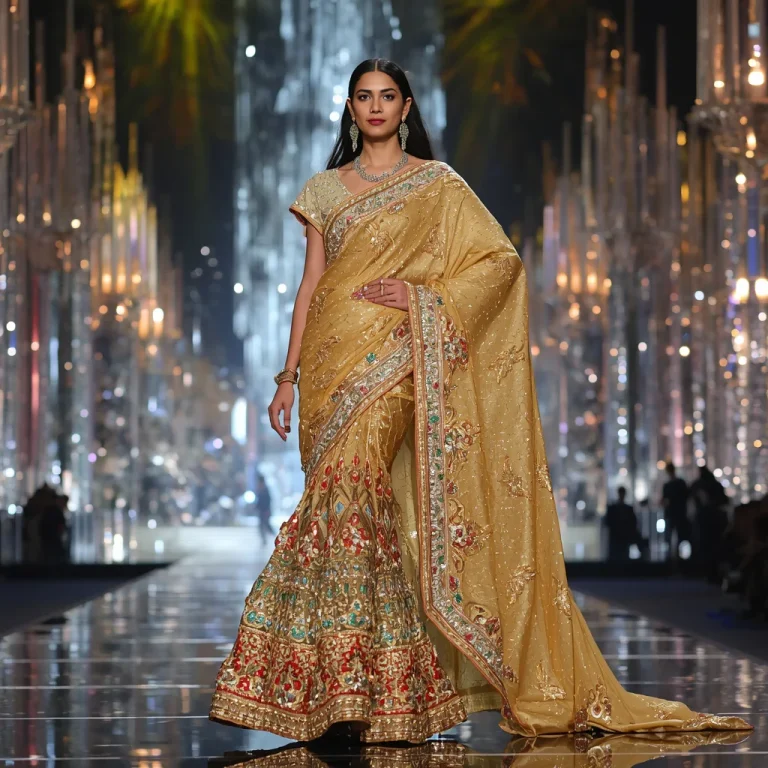 Golden Solar Monarch Saree with Floating Light Palaces and Prism Crystal Cathedral | prompt for saree in english — AI image prompt