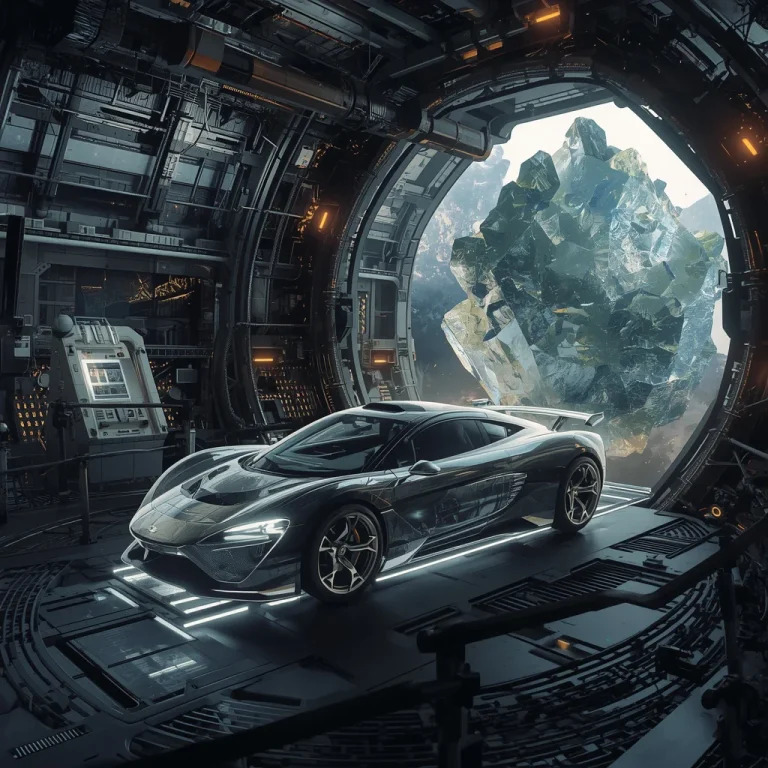 Hypercar Emerging From a Floating Observatory Attached to a Giant Crystal Asteroid | gemini photo prompt instagram — AI image prompt