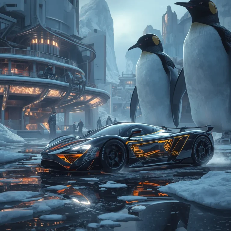 Hypercar Emerging From a Giant Mechanical Penguin Colony Built on Icebergs | instagram prompt for aesthetic — AI image prompt