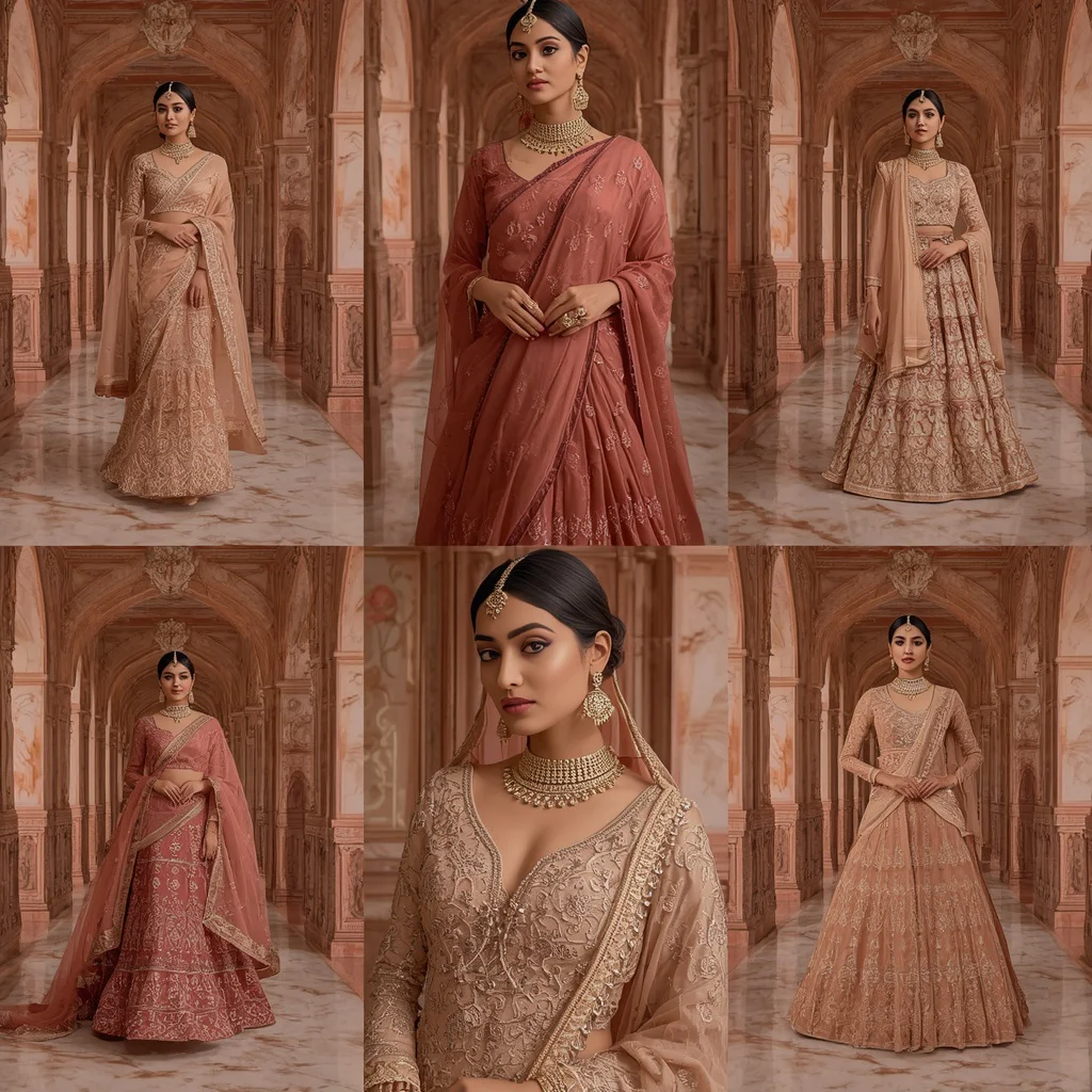 Imperial Rose Corridor Indian Dress Collage Image Prompt Festive Luxury Heritage | traditional saree prompt for instagram — AI image prompt