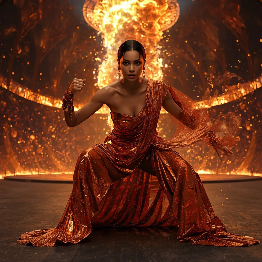 Liquid Ember Crystal Saree with Gravity Fire Core Spiral Collapse Arena | prompt for gemini ai girl modern saree copy and paste — AI image prompt