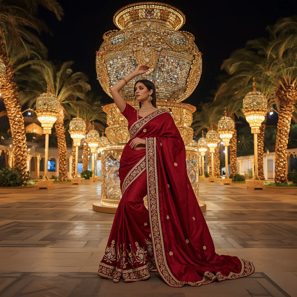 Luxury Festival Saree with Giant Decorative Pot Sculpture Installation | prompt for gemini ai girl style trending instagram copy and paste — AI image prompt
