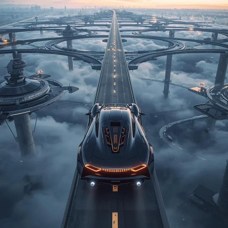 Luxury Hypercar Driving Across an Infinite Network of Floating Circular Roads | Attitude Photo Prompt — AI image prompt