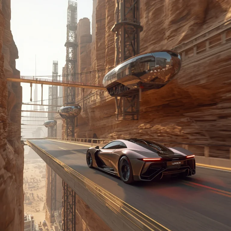 Luxury Hypercar Driving Through a Giant Vertical Desert City Hanging From Cliffs | Trending peacock prompt — AI image prompt