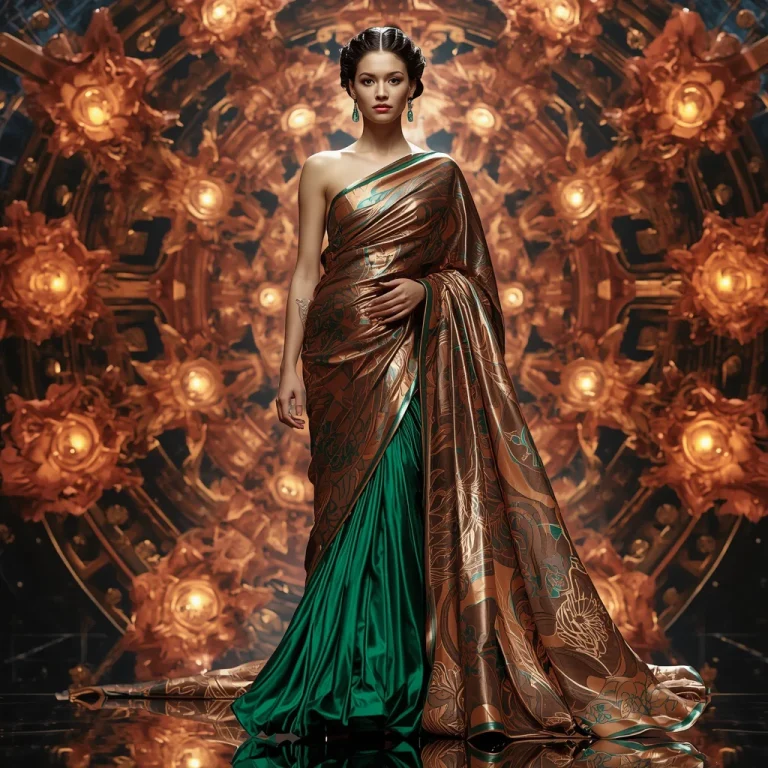 Magnetic Bloom Reactor Singularity Saree with Cyber Floral Plasma Nexus | trending violet saree prompt — AI image prompt