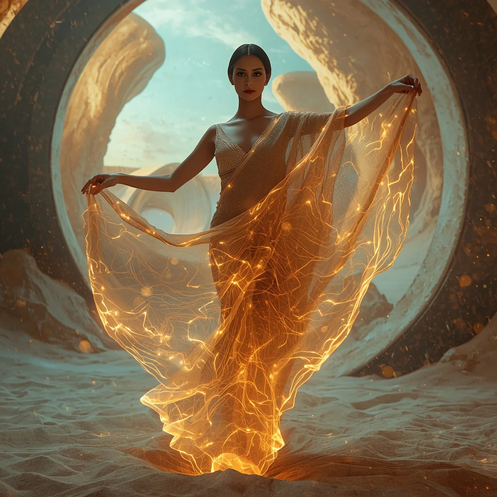 Magnetic Sand Plasma Surge Infinity Saree with Desert Core Energy Rift Universe | prompt for gemini girl in saree instagram in english — AI image prompt