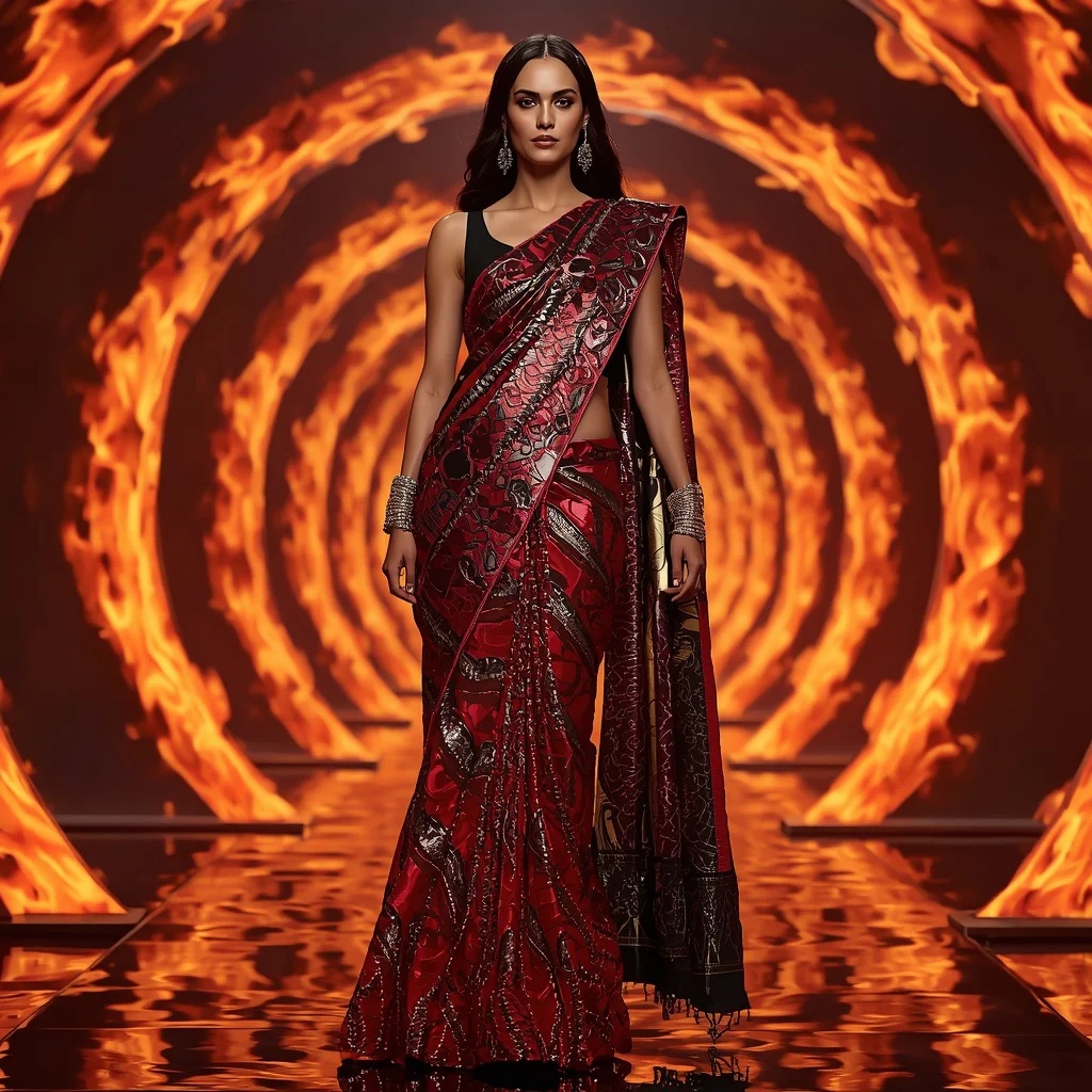 Mirror Flame Cobra Apex Saree with Infinite Fire Energy Spiral Corridor | trending purple saree prompt instagram — AI image prompt