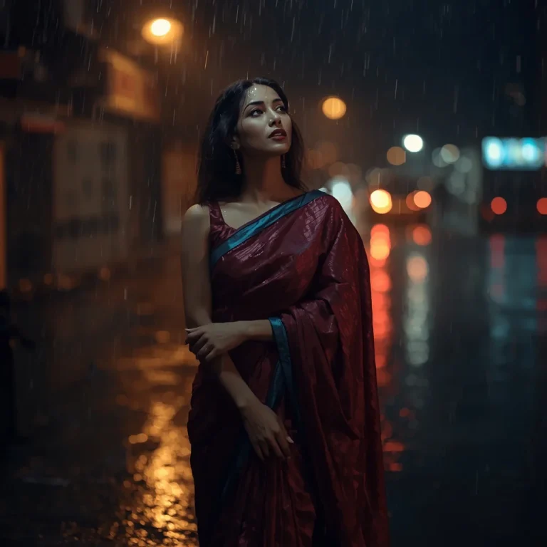 Monsoon Silk Saree Emotional Rain Street Fashion Prompt | new trending purple saree prompt today — AI image prompt