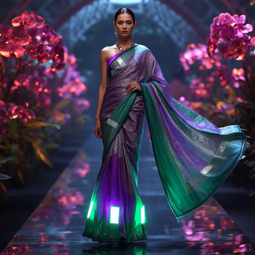 Neon Orchid Bio Reactor UltraLight Saree with Living Singularity Dome Core | instagram prompt for traditional look for girl in english — AI image prompt