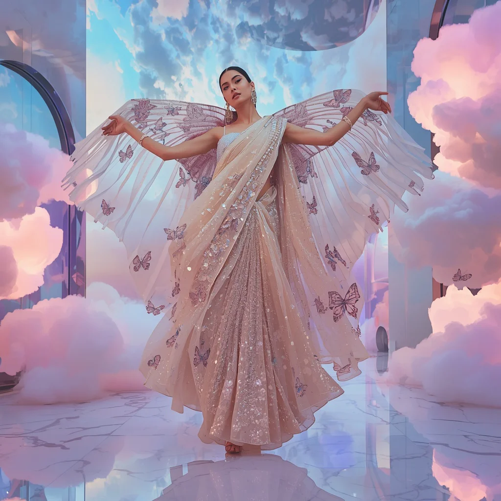 Pearl Butterfly Aurora Saree with Floating Prism Clouds | saree prompt for women pdf — AI image prompt
