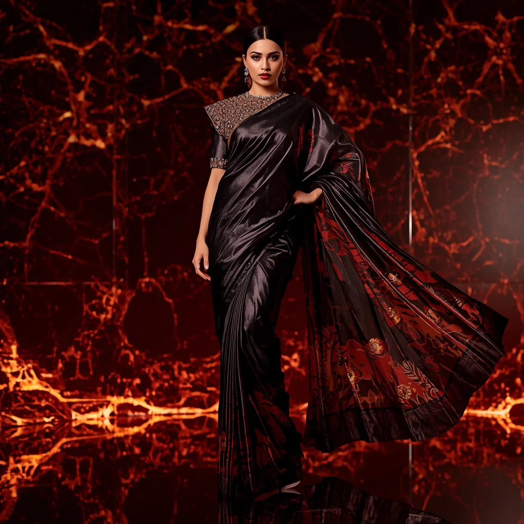 Premium Black Mercury Inferno Nova Liquid Saree Couture with Fierce Editorial Pose and Lava Mirror Core Background | saree instagram ai prompt — AI image prompt