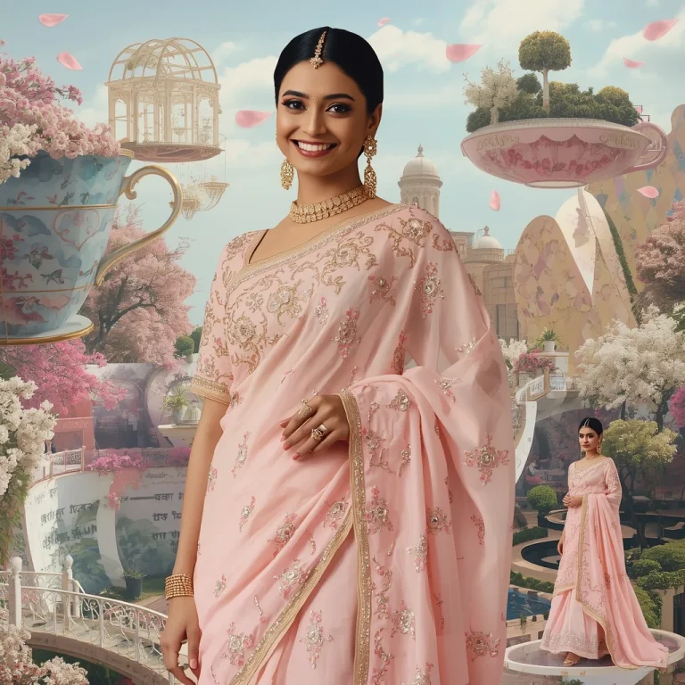 Premium Festive Pastel Saree Giant Floating Teacup Garden Fashion Editorial Collage | chatgpt photo editing prompts new — AI image prompt