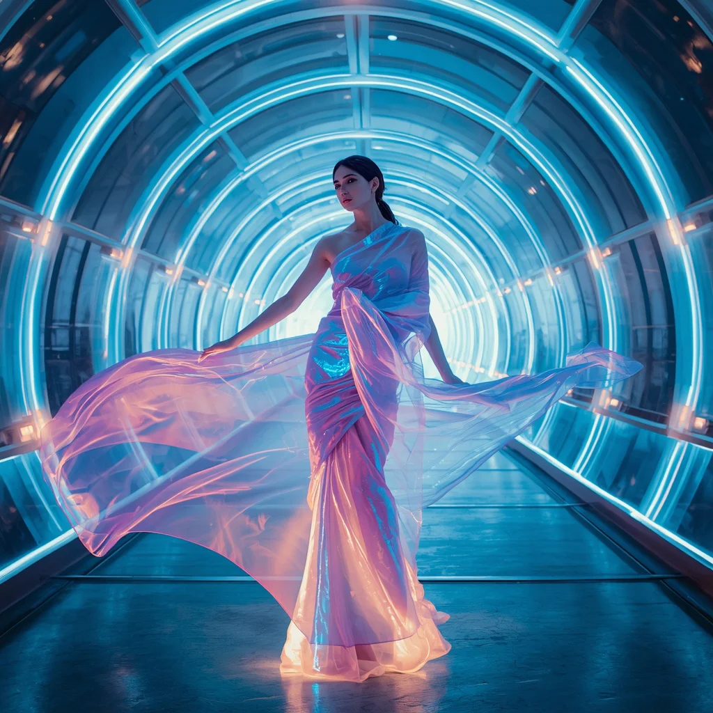 Quantum Silk Aurora Streamline Saree with Floating Light Energy Corridor | new instagram trending photo editing prompt — AI image prompt