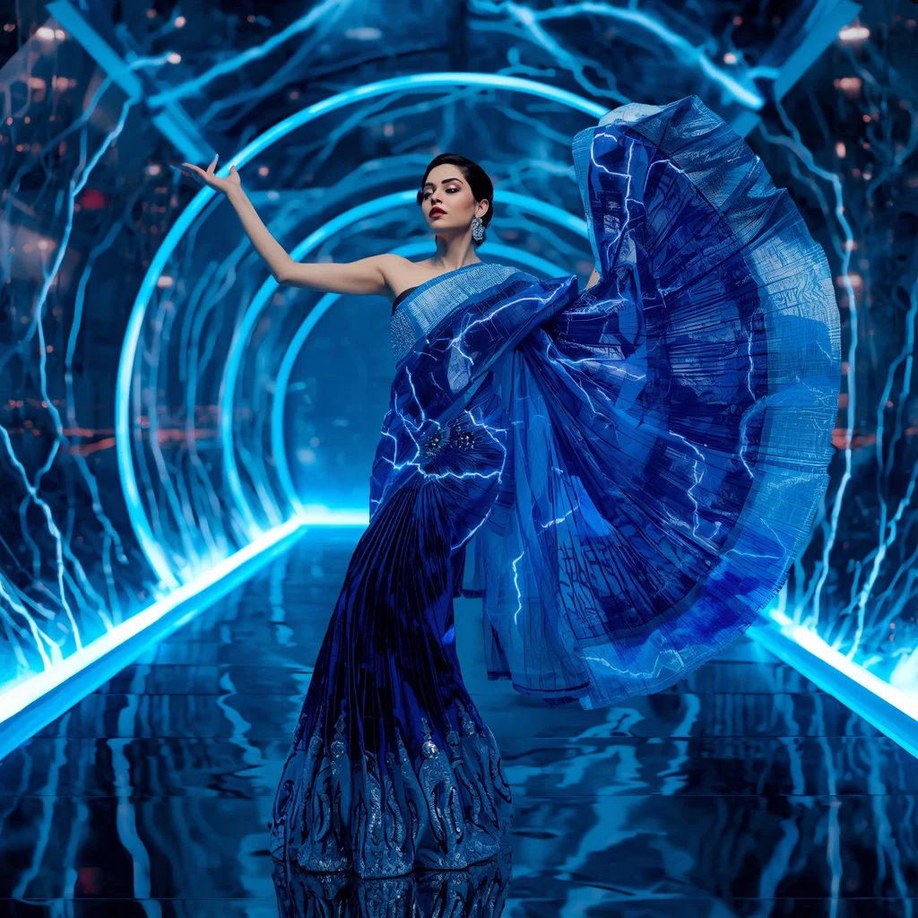 Sapphire Lightning Armor Saree with Electric Neon Galaxy Tunnel | best saree prompt for gemini girl — AI image prompt