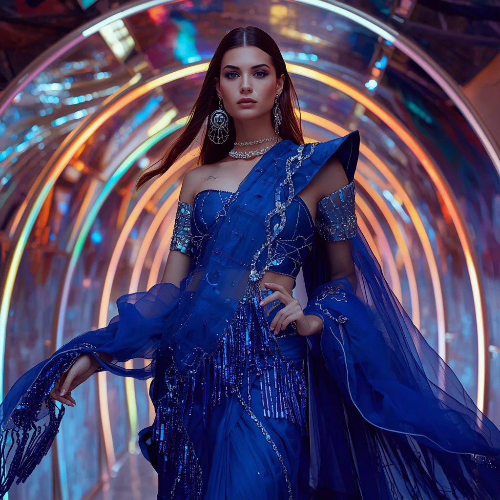 Sapphire Voltage Fantasy Saree with Curved Hologram Reflection Corridor | prompt for girl in saree pic in english — AI image prompt