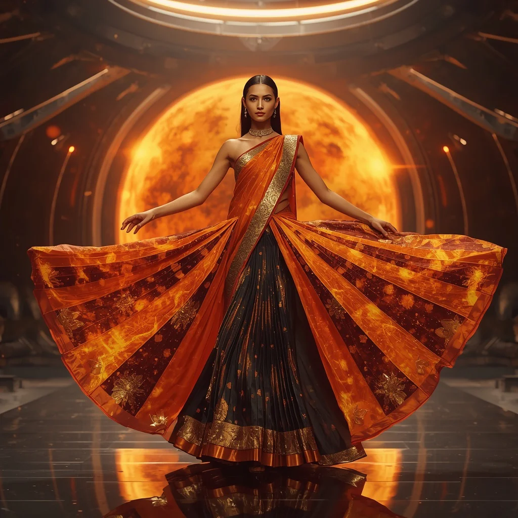 Solar Lava Core Apex Saree with Burning Orb Singularity Energy Dome | saree instagram ai prompt — AI image prompt