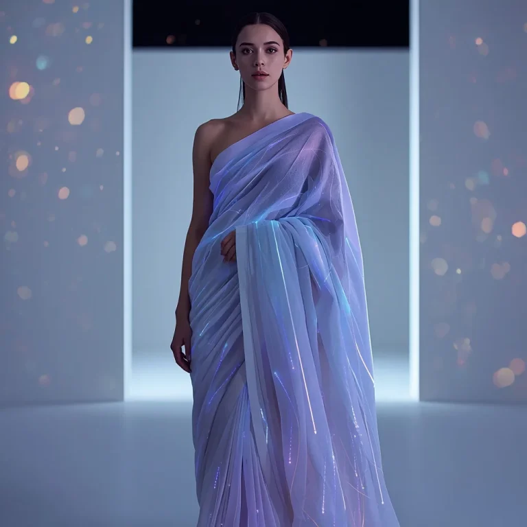 Ultra Futuristic Soft Energy Thread Festival Saree with Micro Light Fiber Fashion Concept Design | trending photo prompt — AI image prompt