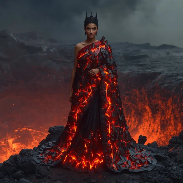 Volcanic Obsidian Shard Queen in Heavy 3D Glowing Magma Silk Saree | picture prompt — AI image prompt