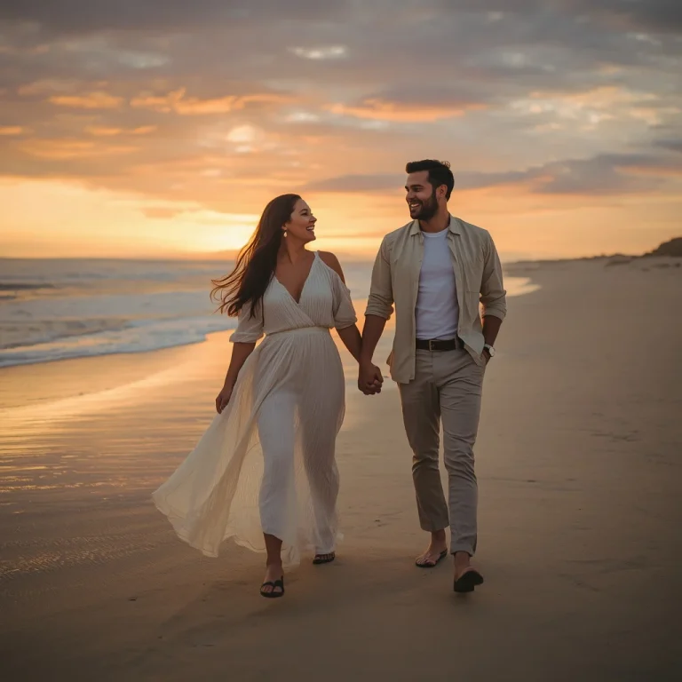 A Romantic Couple Sharing a Laugh on a Secluded Beach at Sunset — AI image prompt