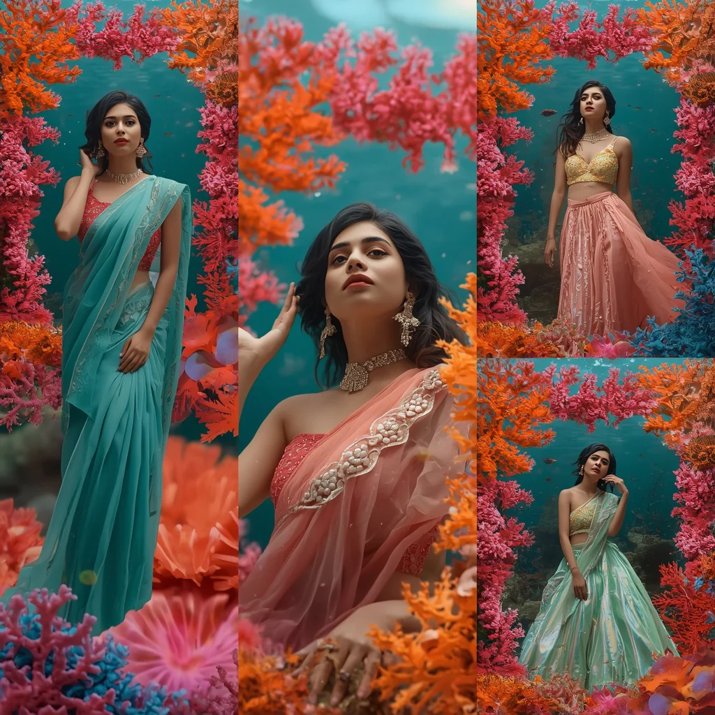 A vibrant ‘coral reef’ collage, with living coral structures framing an Indian woman in aquatic-inspired attire. — AI image prompt