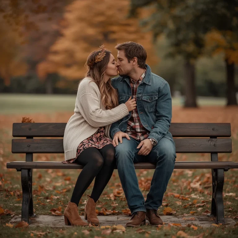 Autumnal Affection: A Couple’s Romantic Park Bench Kiss — AI image prompt