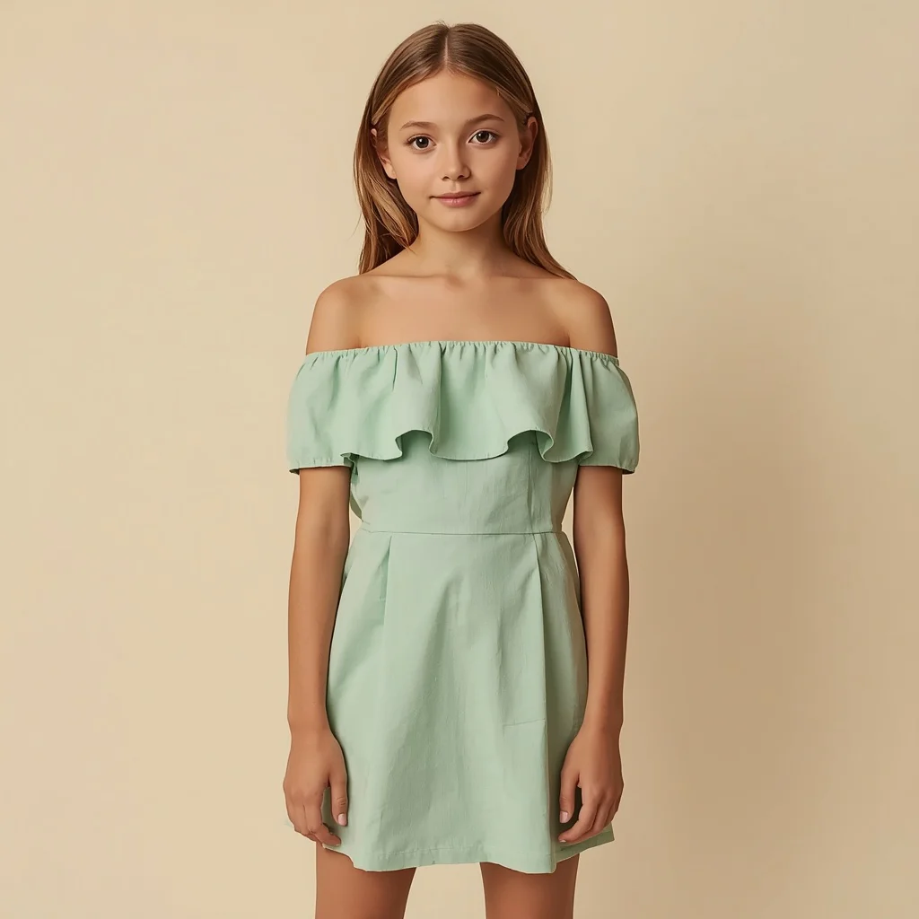 Beautiful Girl in Chic Off Shoulder Mint Dress — AI image prompt