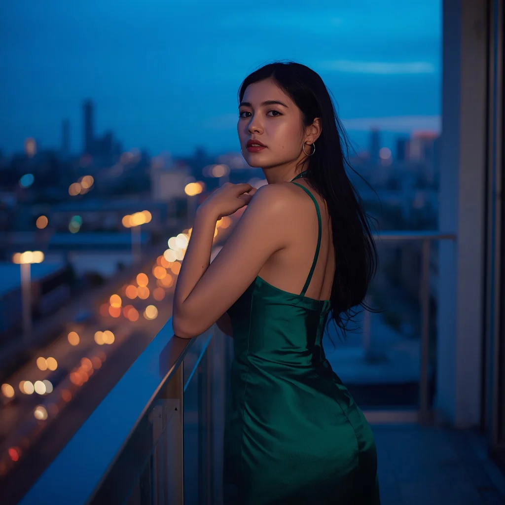 Beautiful Girl In Emerald Silk Slip Dress Balcony — AI image prompt