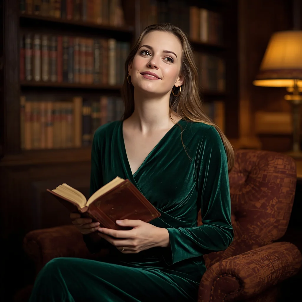 Beautiful Girl In Emerald Velvet Wrap Dress Library — AI image prompt
