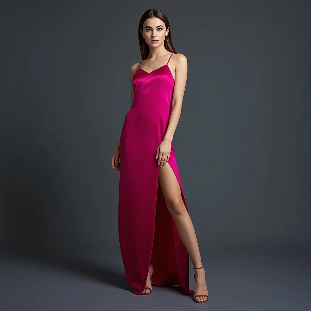 Beautiful Girl in Latest Fashion Fuchsia Silk Slip — AI image prompt