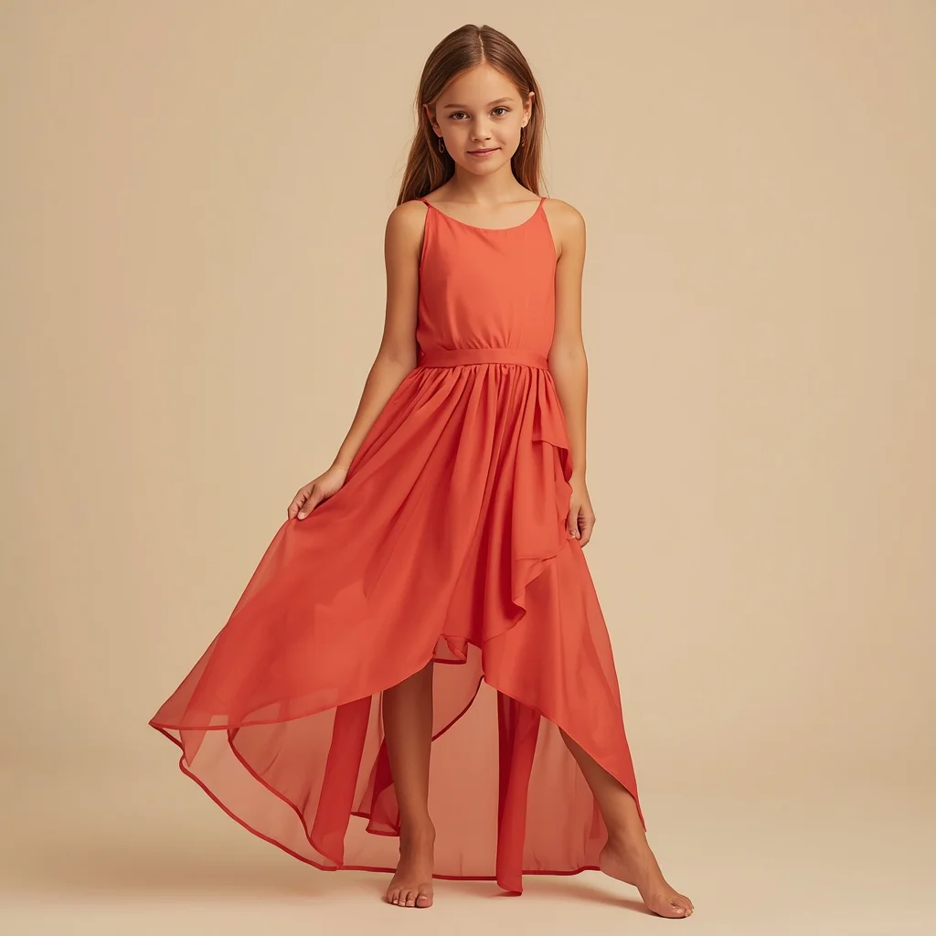 Beautiful Girl in Modern Asymmetric Coral Party Dress — AI image prompt