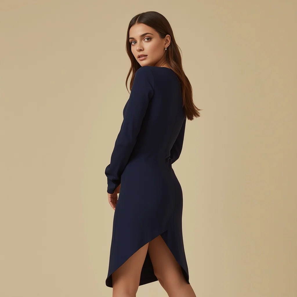 Beautiful Girl in Modern Midnight Blue Cocktail Dress — AI image prompt