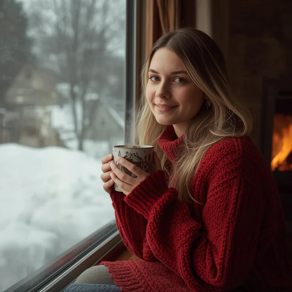 Beautiful Girl In Red Knit Sweater Snowy Window — AI image prompt