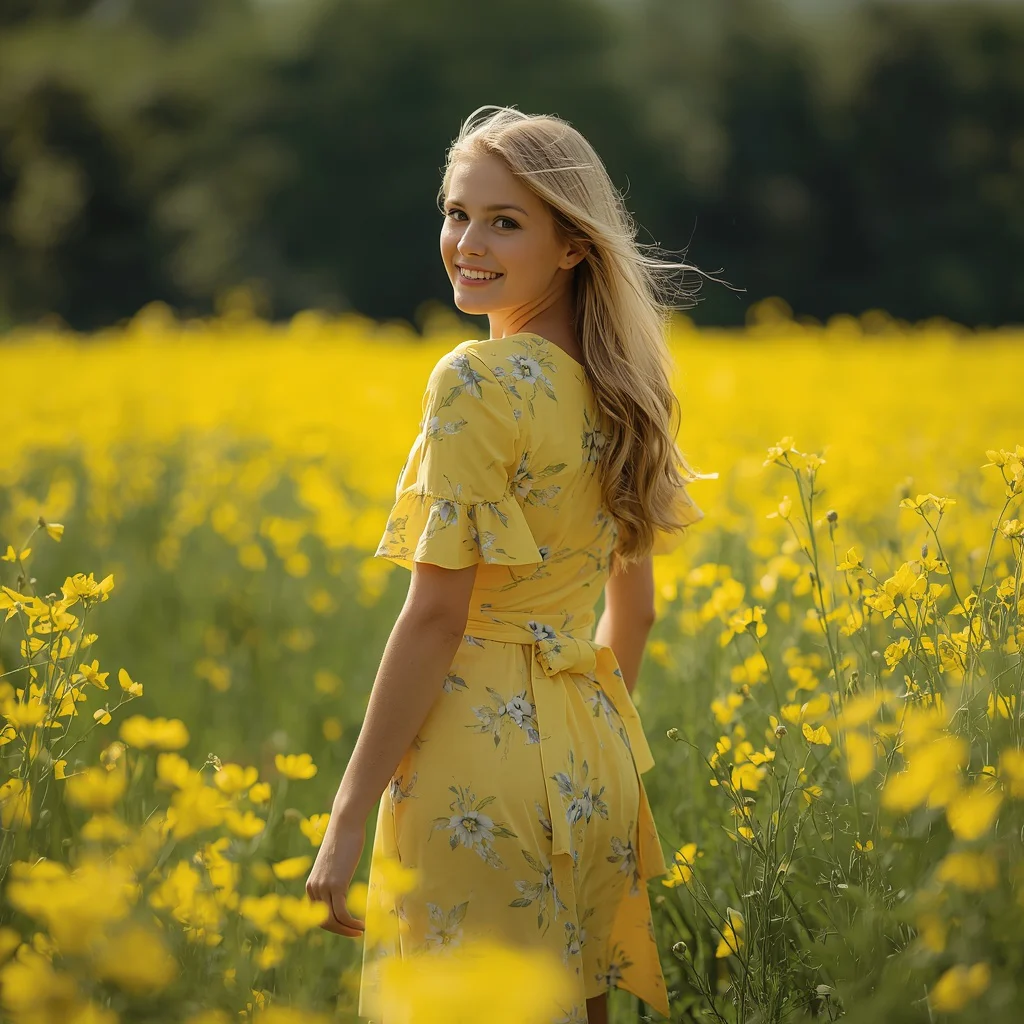 Beautiful Girl In Yellow Floral Wrap Dress Meadow — AI image prompt
