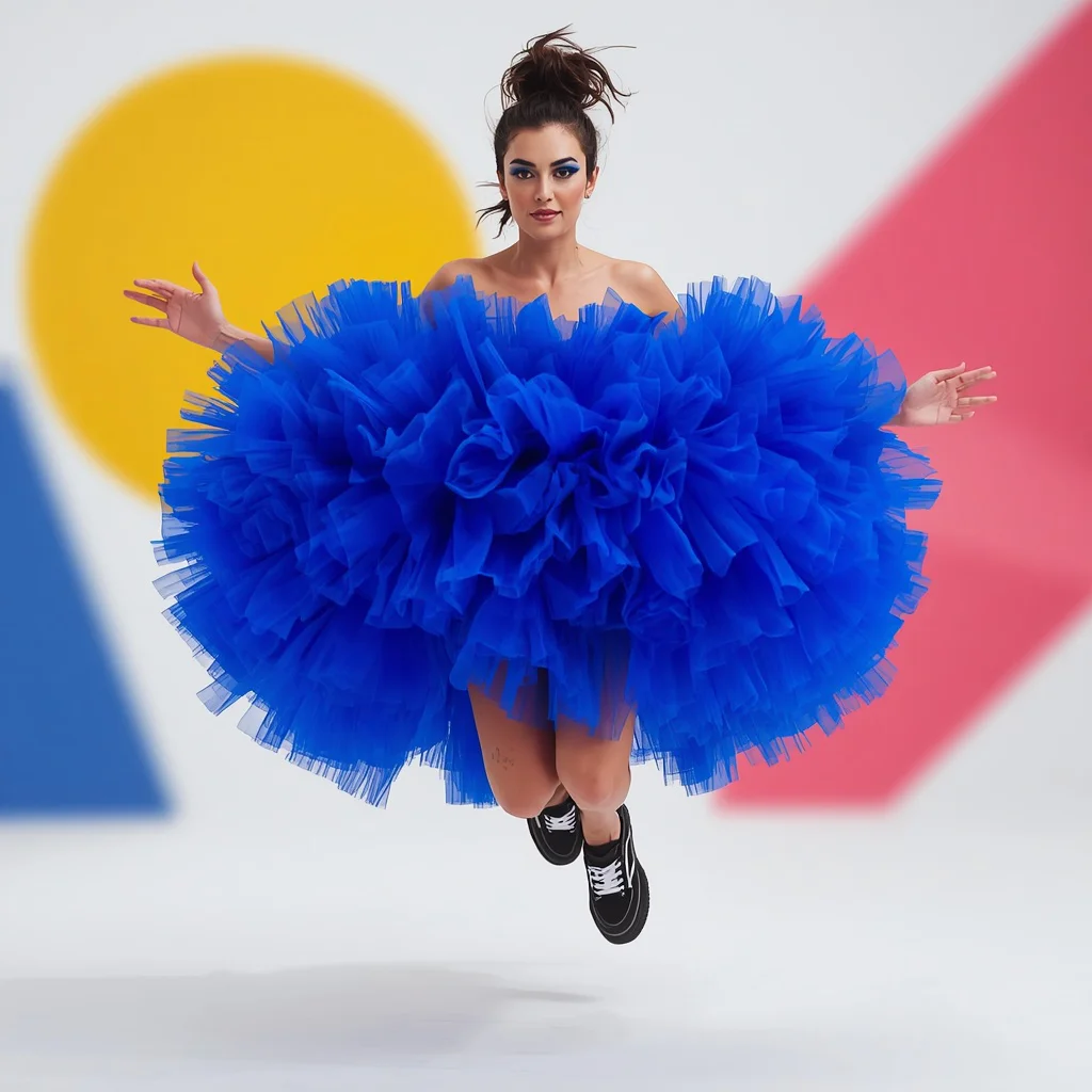 Exaggerated Tulle Volume Dress in Vibrant Cobalt — AI image prompt