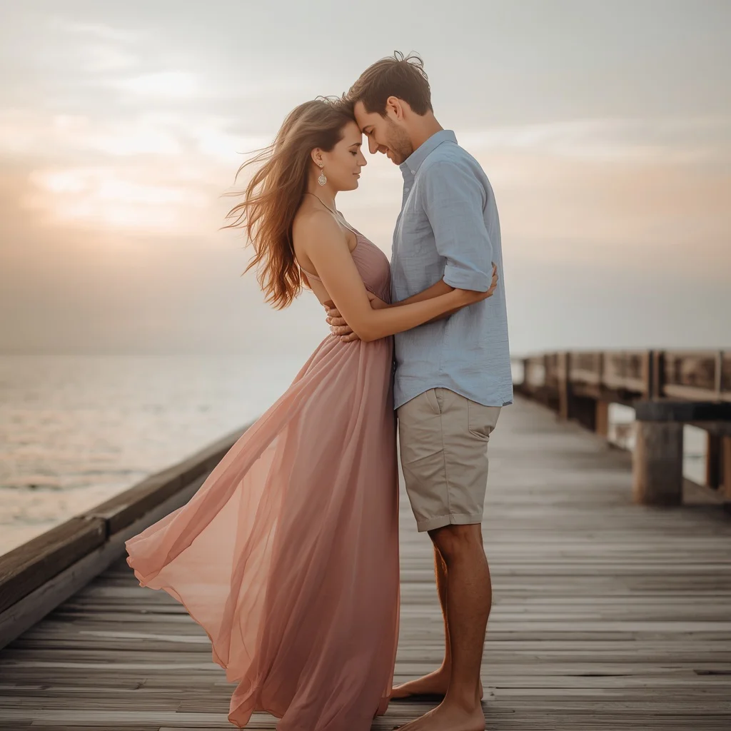 Gentle Affection: A Couple’s Romantic Sunset Embrace — AI image prompt